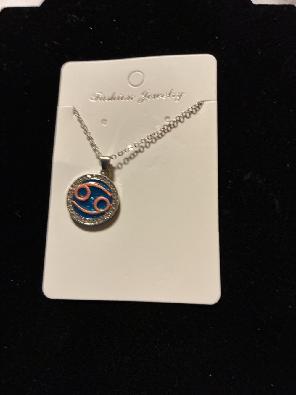 Cancer Zodiac Necklace Blue Round Pendant Rhinestone Accen - Picture 3 of 4